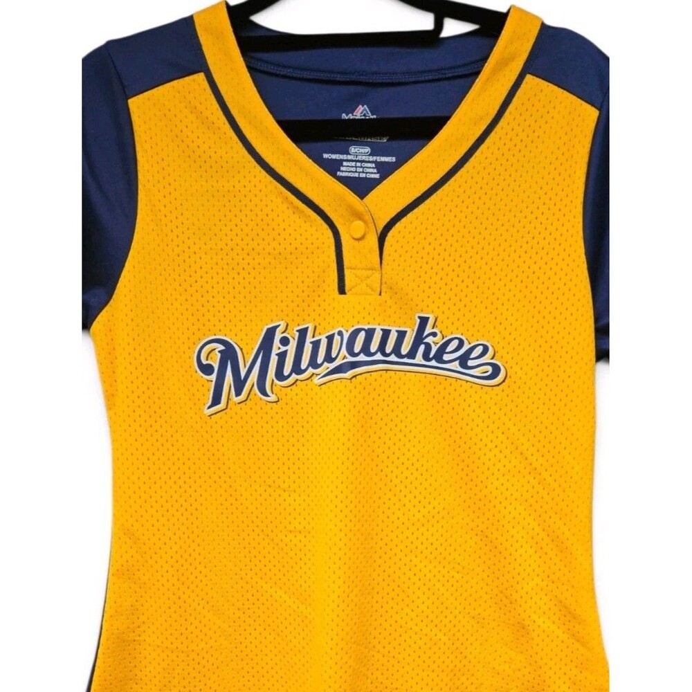 Majestic Milwaukee Brewers Jersey Womens Small Yellow Blue Cool Base MLB